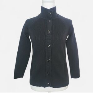 Eddie Bauer Black Ribbed High Neck Button Down Sweater Pima Cotton Nylon 2011 PM